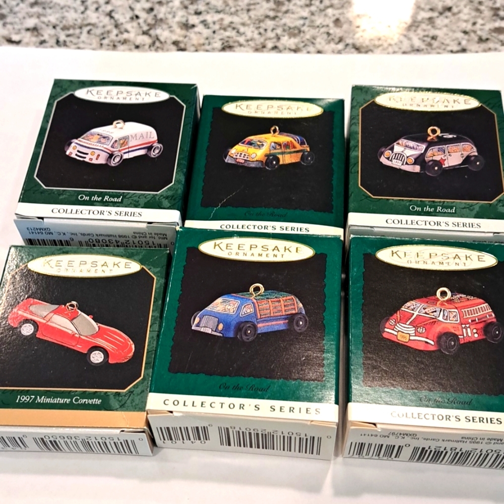 6 mini Hallmark car ornaments